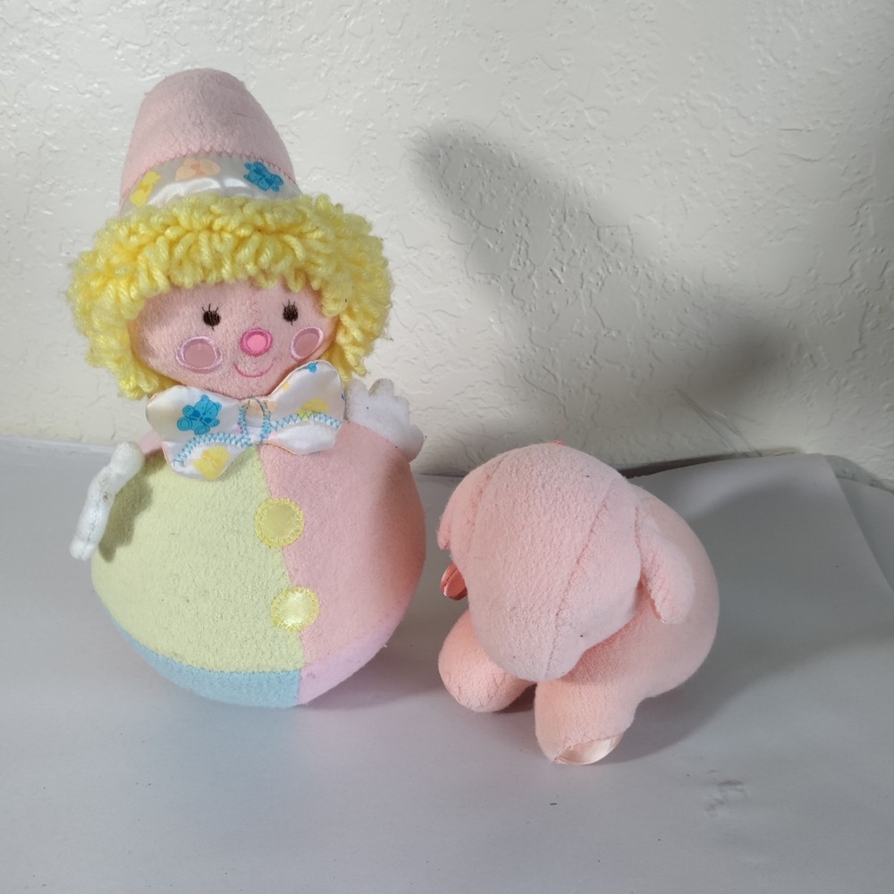 Cozy Bows RARE Pink Coral Lamb Sheep  Rattle Stuffed Plush Terry Cloth And Clown